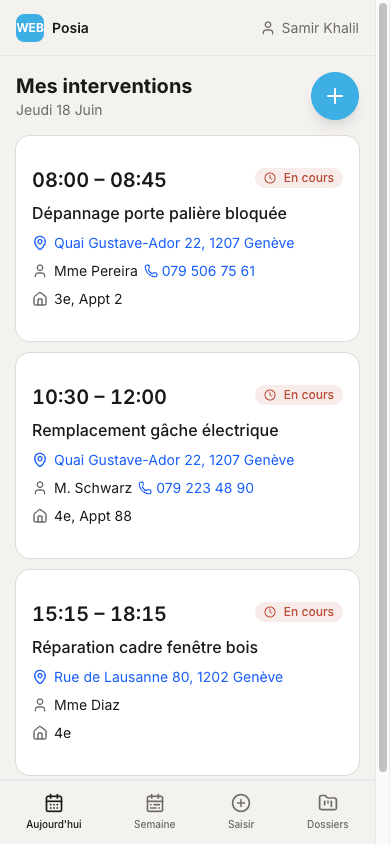 Interventions du jour, vue monteur mobile